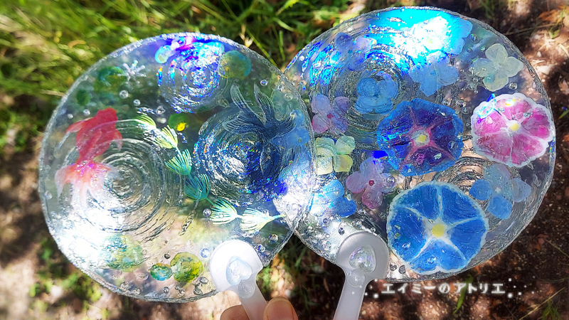 工作・クラフト「金魚鉢と花手水の水紋うちわ」を作りました。